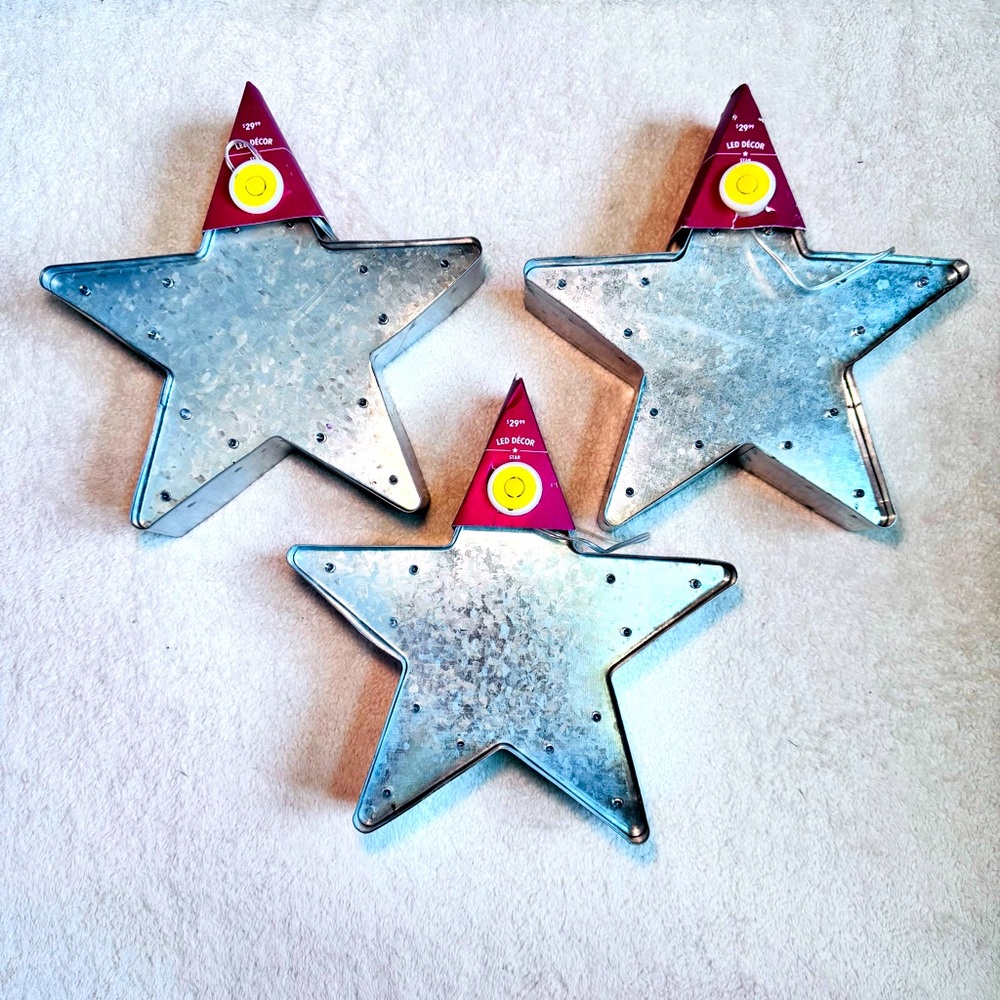 Decorative 9” Galvanized Metal Star Lot Of 3 With LED Lights